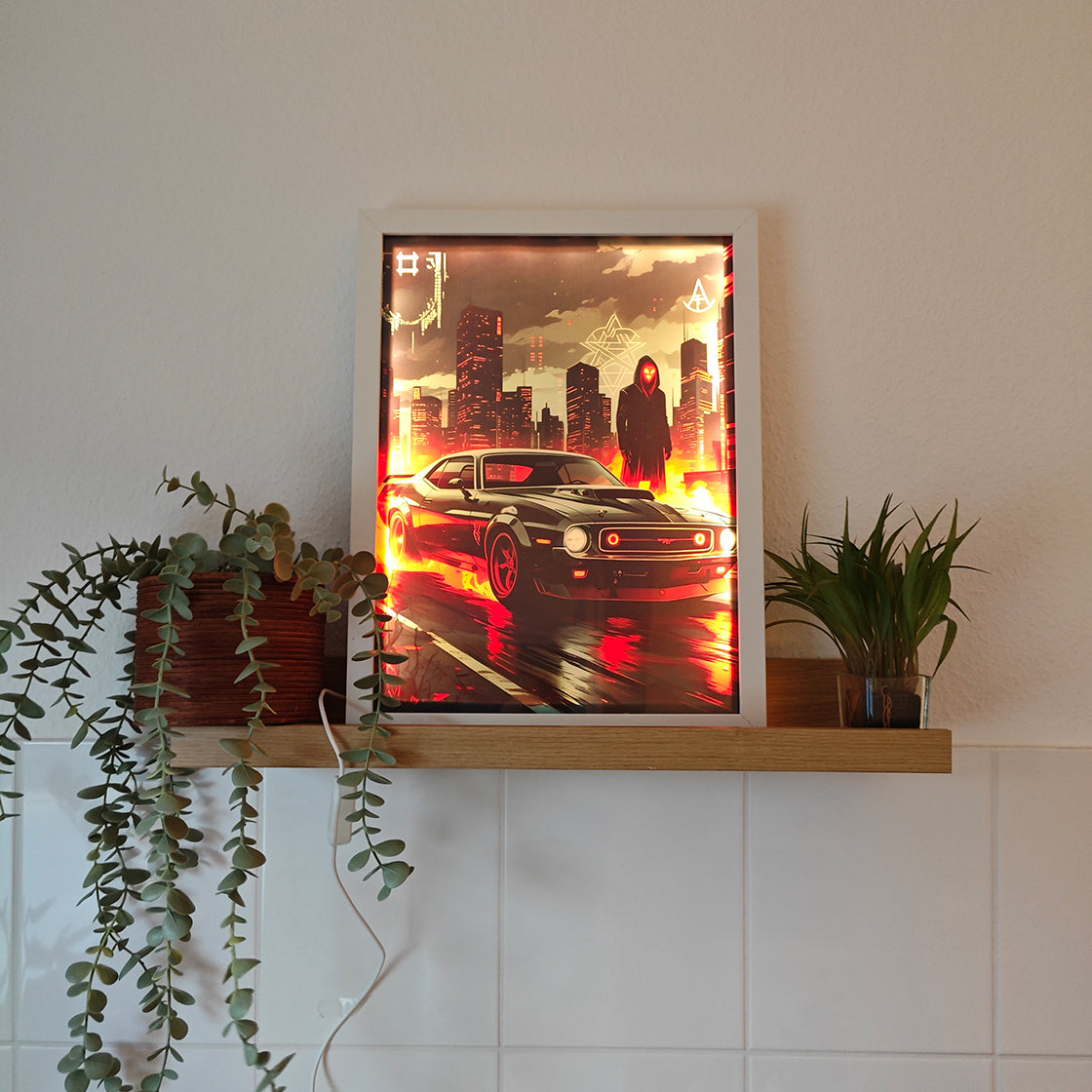 LED-Leuchtbild, Gerahmtes Bild, Kunst, Kunstwerk, Dekoration, Flame Car