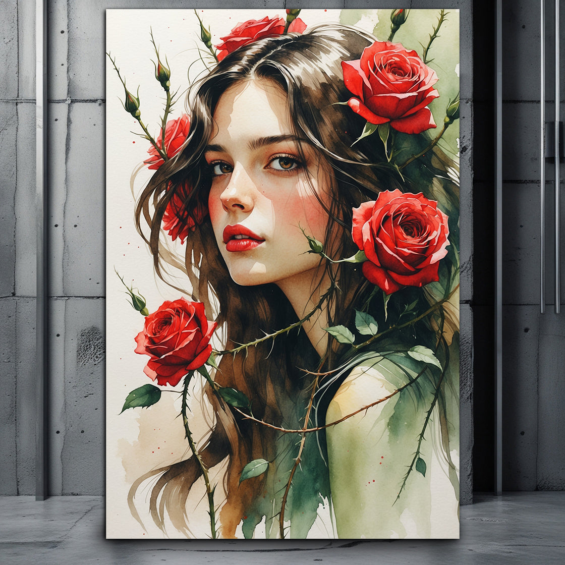 Poster einer jungen Frau mit roten Rosen
