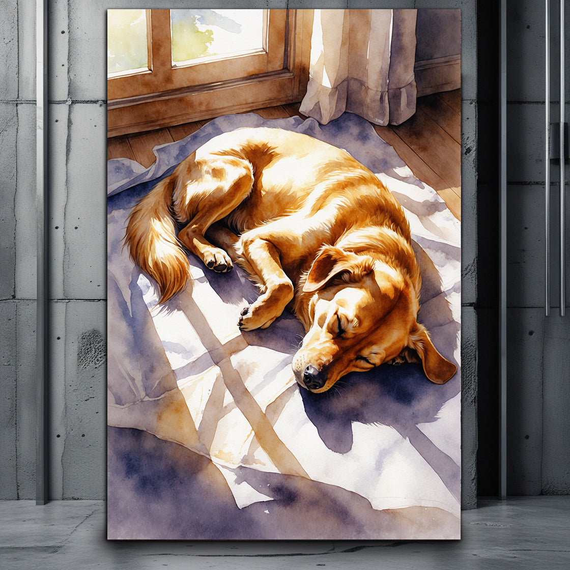 Wasserfarben-Poster: Hund liegt schlafend am Fenster auf dem Boden – sanftes Motiv für gemütliche Wohnräume