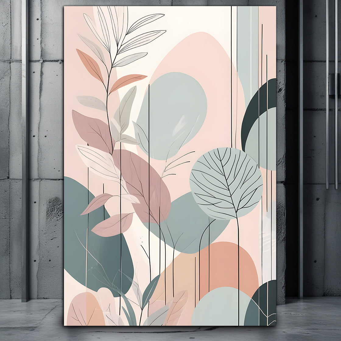 Artwork, Poster of Leafs and geometric forms in pastel