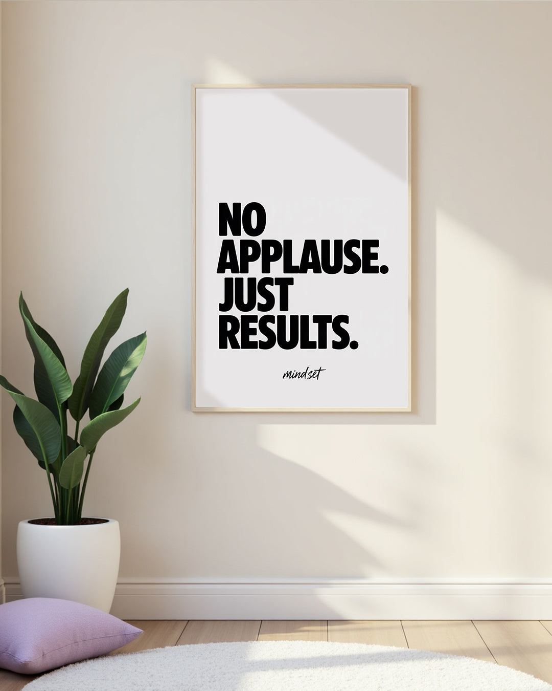Schwarz weißes Spruchposter No Applause Just Results modernes Typografie Design