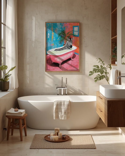 Humorvolles Badezimmer Poster mit Zebra in Badewanne 50x70