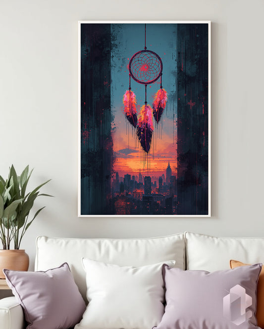 Dreamcatcher Neon Art – Futuristische Wanddekoration mit Traumfänger und Großstadtmotiven für ein einzigartiges, kreatives Ambiente im Wohnzimmer oder Jugendzimmer.