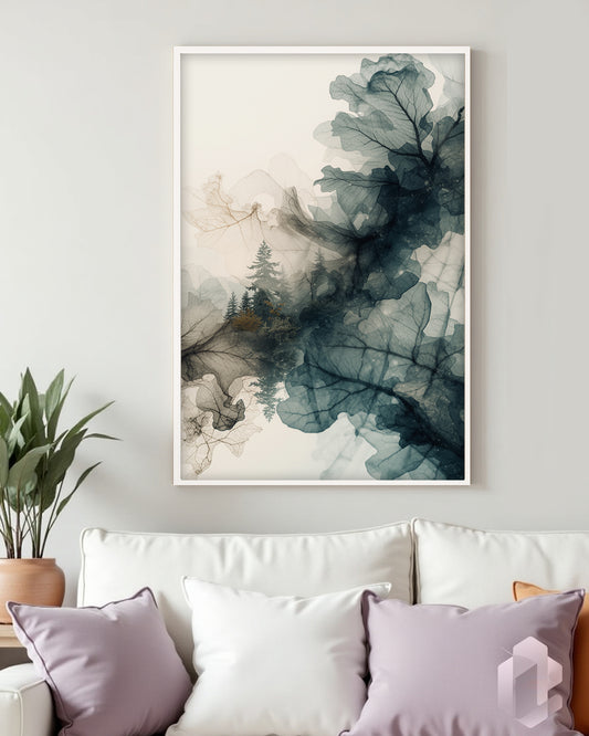 Kunstposter „Forest Whispers“ – abstrakte Wasserfarben-Farbverläufe im Waldthema für stilvolle Wanddekoration.