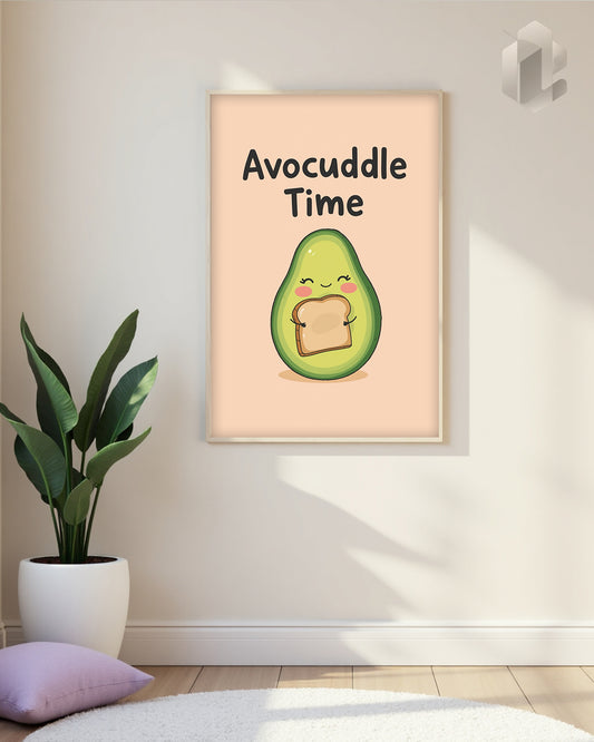Humorvolles Poster „Avocuddle Time“ – minimalistisches Typo-Design mit Avocado für gute Laune zuhause.