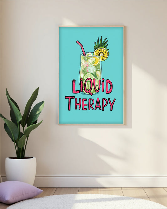 Humorvolles Poster „Liquid Therapy“ – minimalistisches Typo-Design für gute Laune zuhause oder in der Bar.