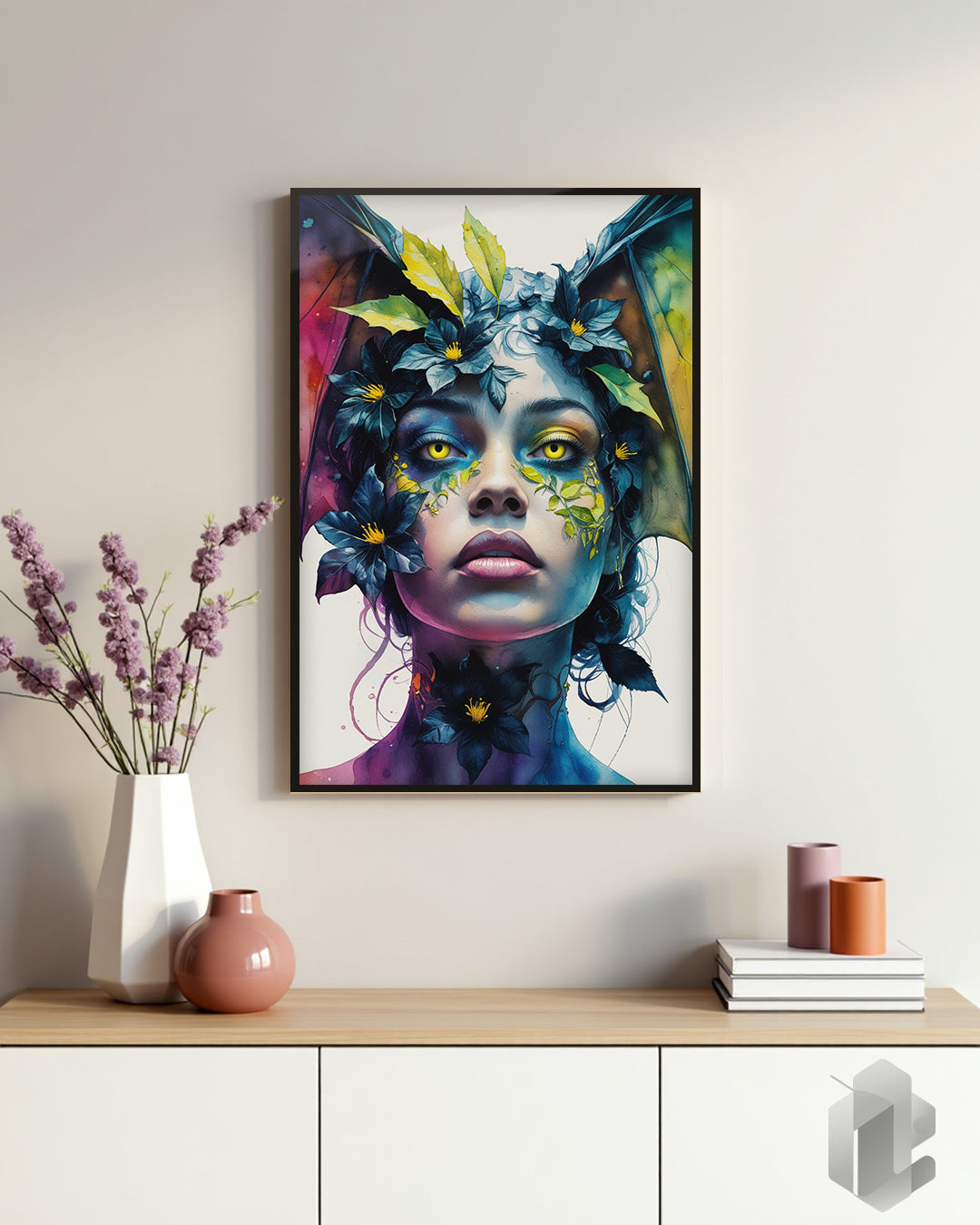 Gerahmtes Poster: Motiv Bat Woman auf Kommode