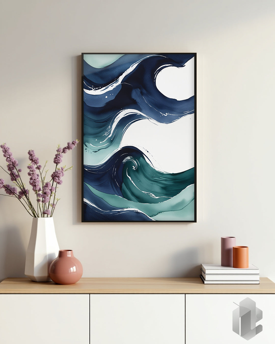Gerahmtes Poster: Motiv Blue Waves auf Kommode