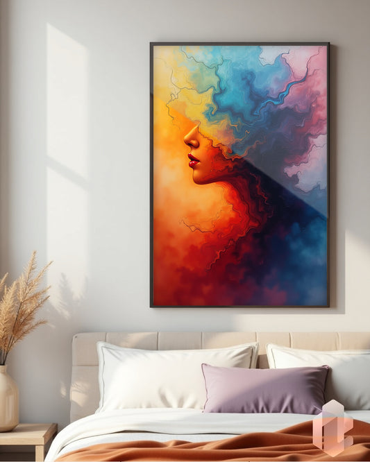 Gerahmtes Poster: Motiv Colorful Face im Schlafzimmer