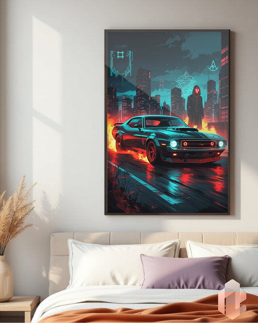 Gerahmtes Poster: Motiv Urban Flame Car im Schlafzimmer