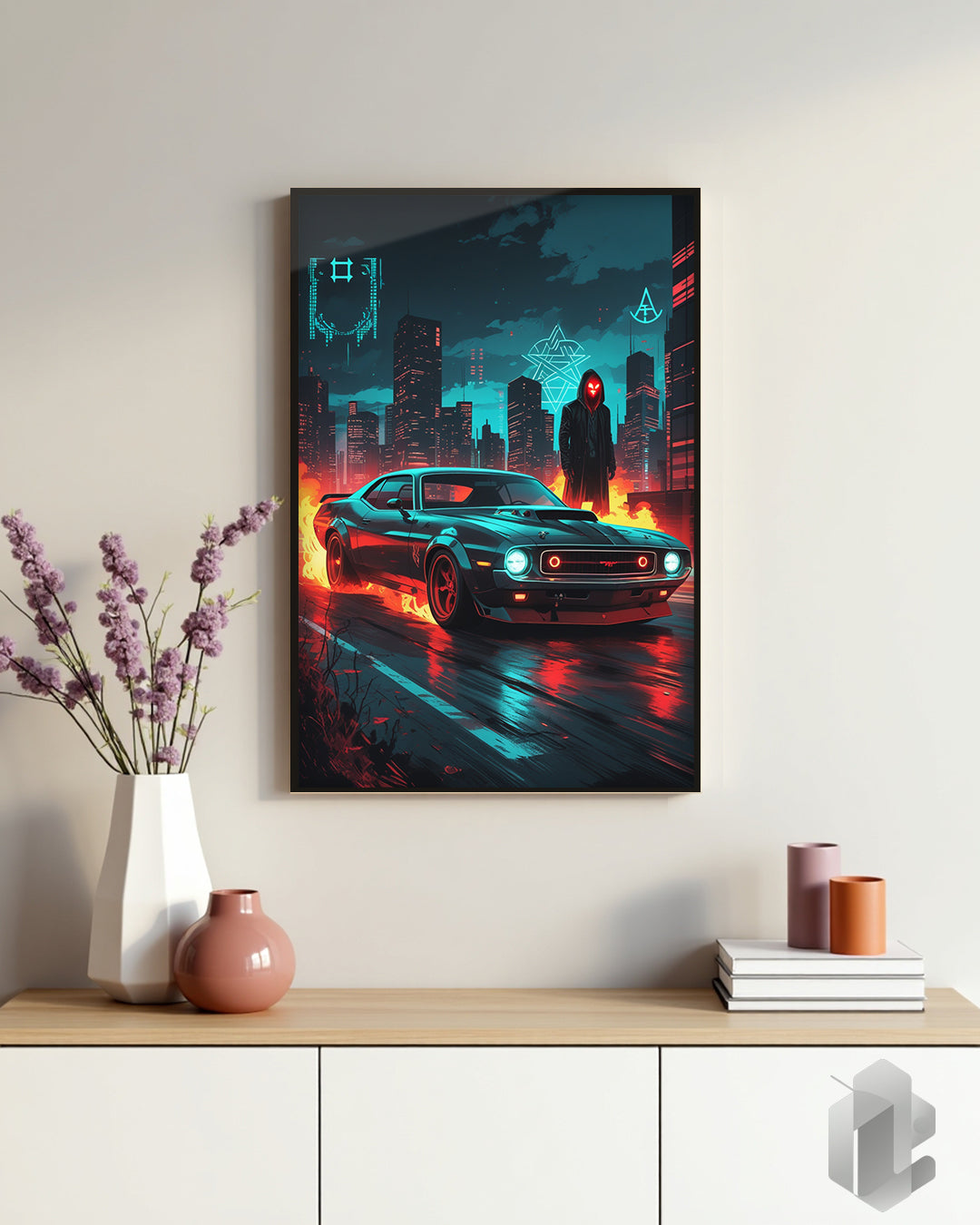 Gerahmtes Poster: Motiv Urban Flame Car auf Kommode