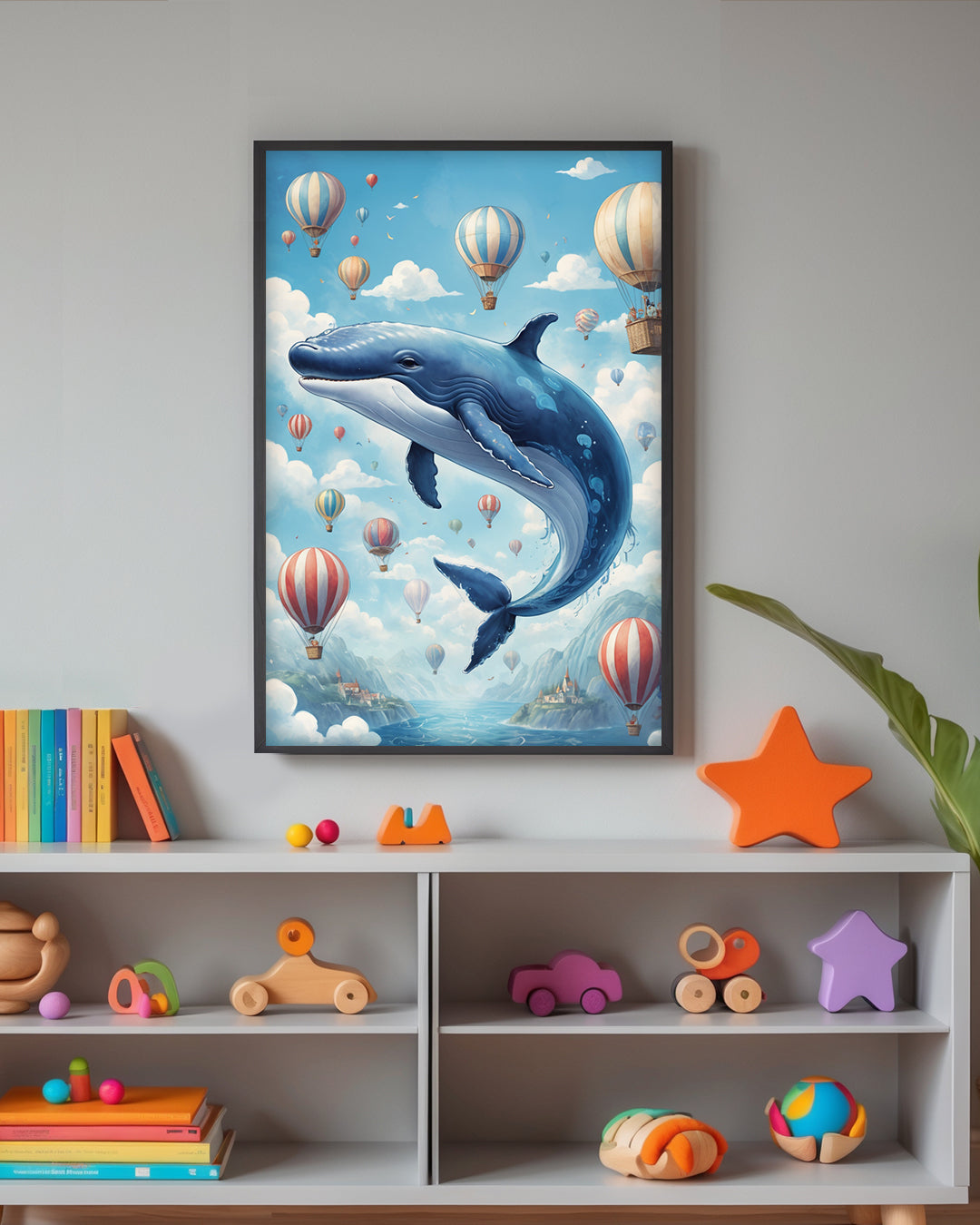 Gerahmtes Poster: Motiv Flying Whale auf Kinderzimmer Schrank
