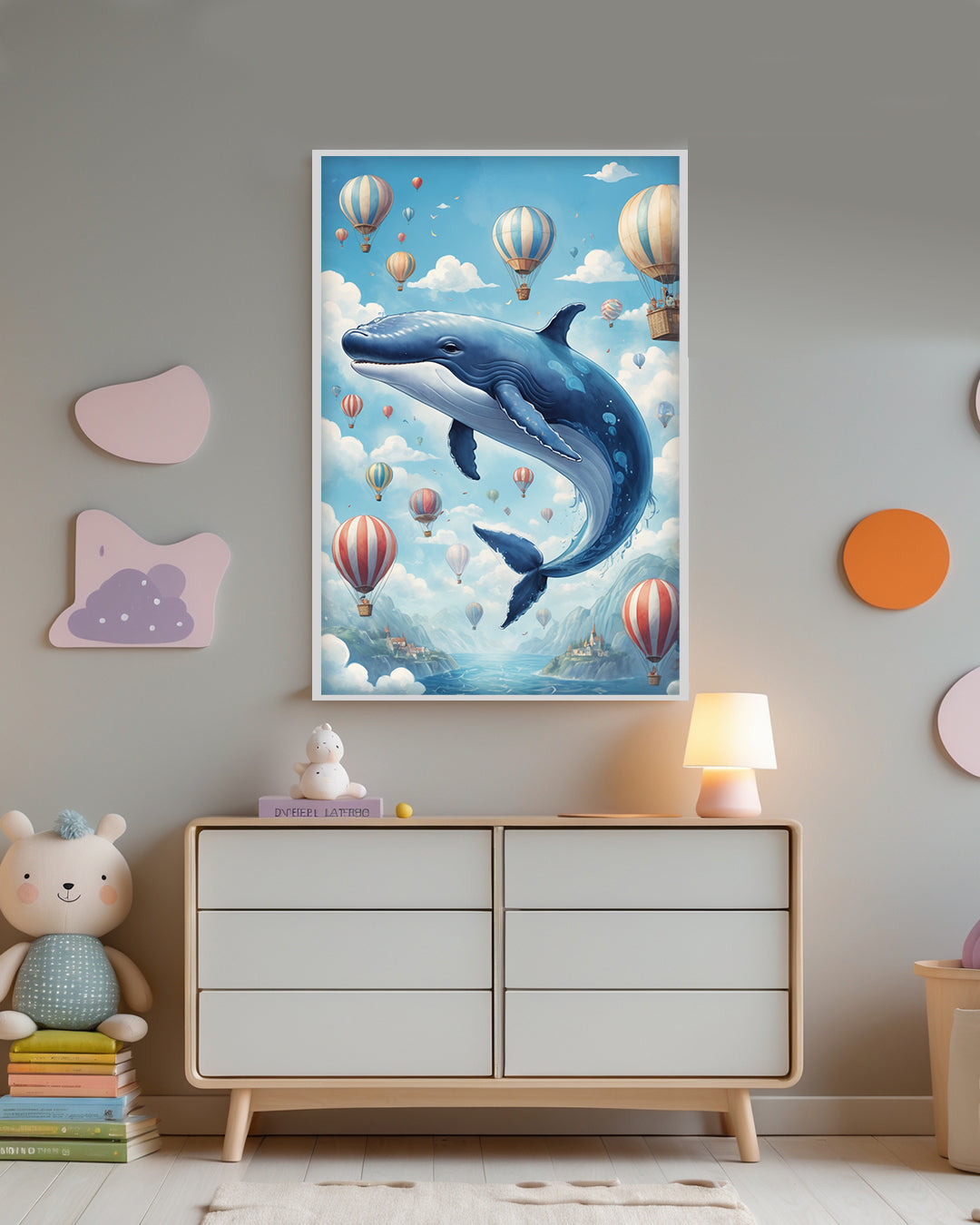 Gerahmtes Poster: Motiv Flying Whale an Kinderzimmer Wand