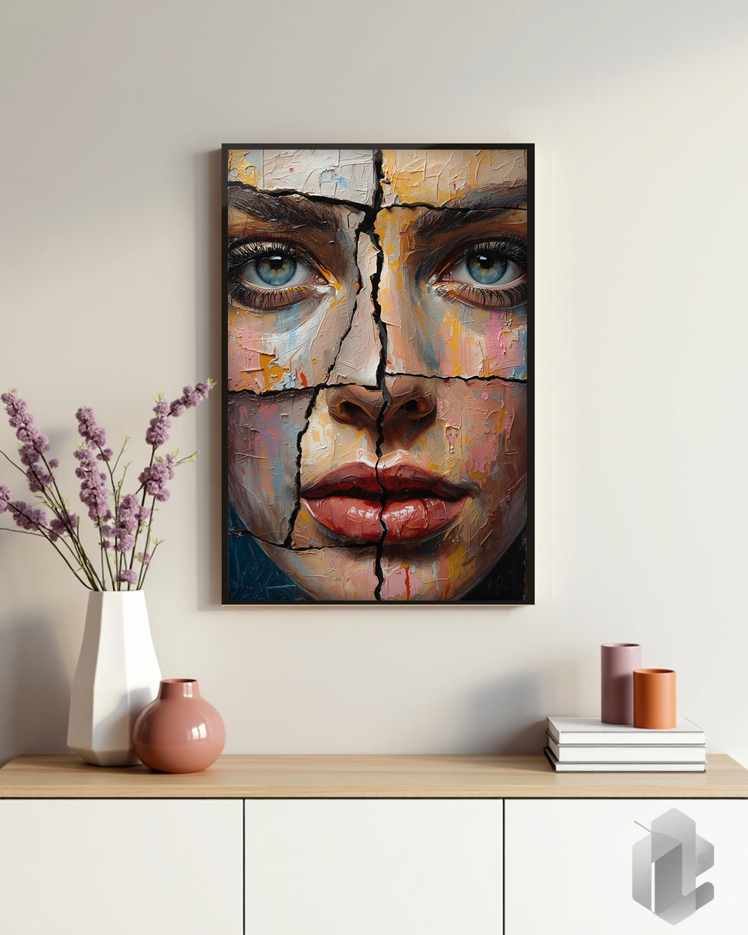 Gerahmtes Poster: Fragmented Face auf Kommode