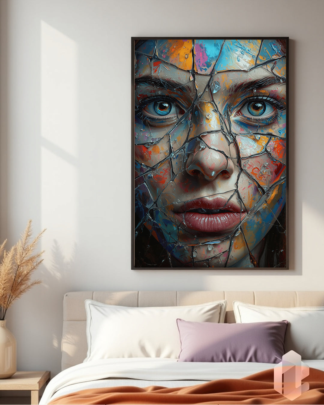 Gerahmtes Poster: Fragmented Face Art im Schlafzimmer