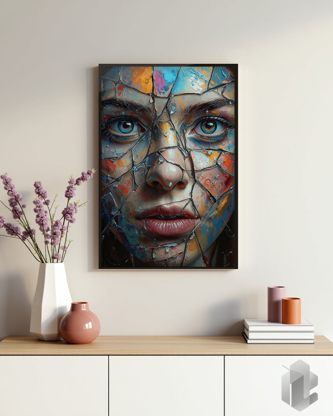 Gerahmtes Poster: Fragmented Face Art auf Kommode