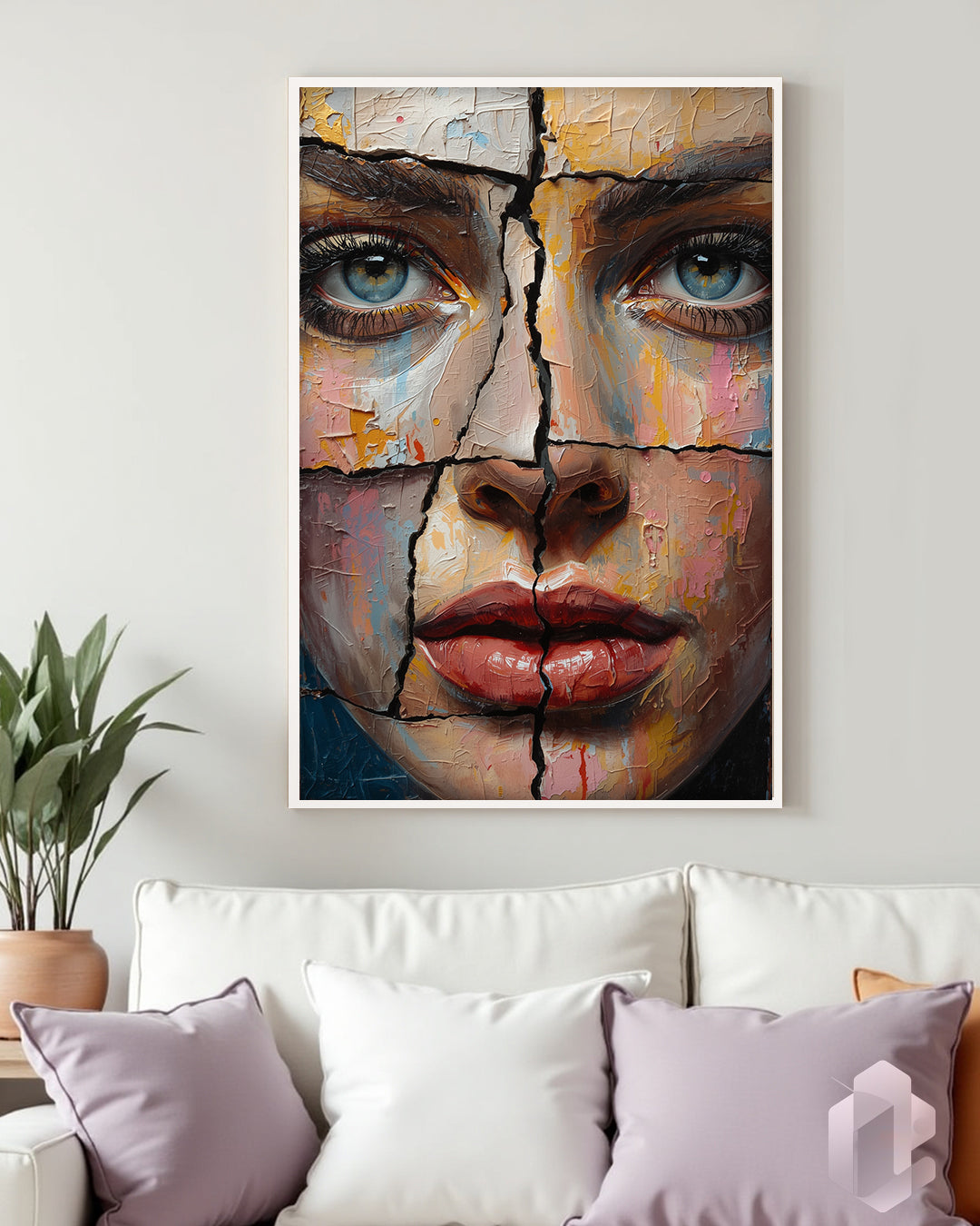 Gerahmtes Poster: Fragmented Face Mockup Couch
