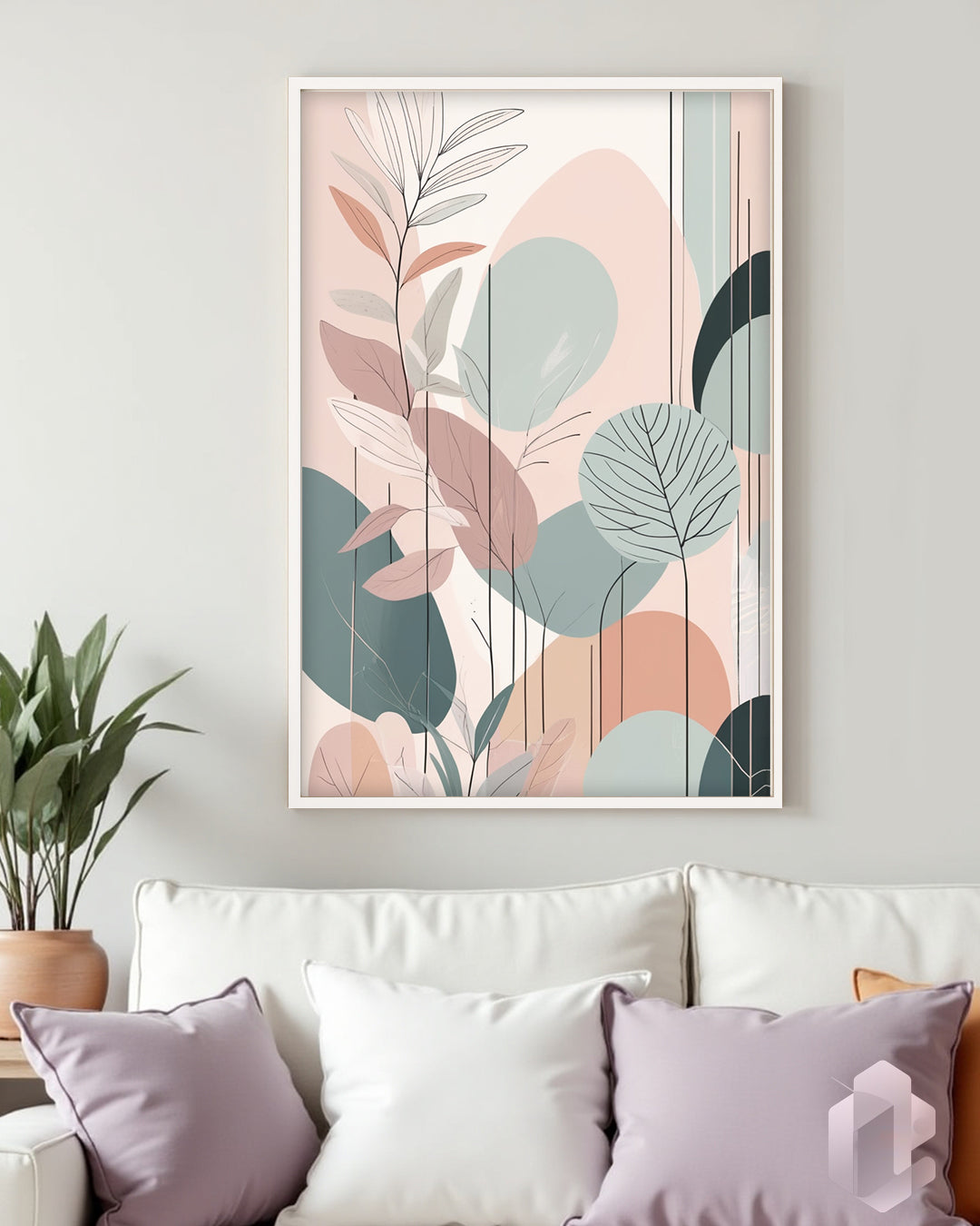 Gerahmtes Poster: Motiv Pastel Leafs 1 Mockup Couch