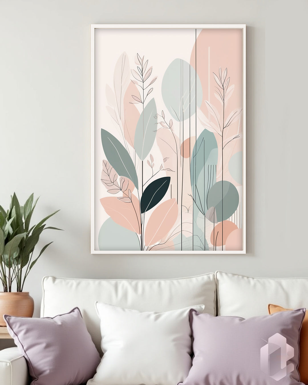 Gerahmtes Poster: Motiv Pastel Leafs 2 Mockup Couch