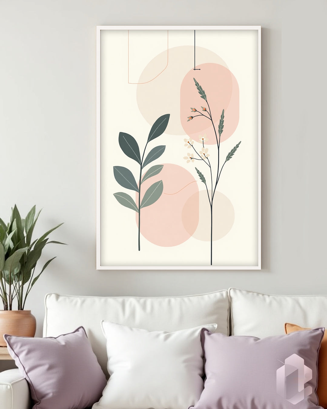 Gerahmtes Poster: Motiv Round Shape Leafs 1 Mockup Couch