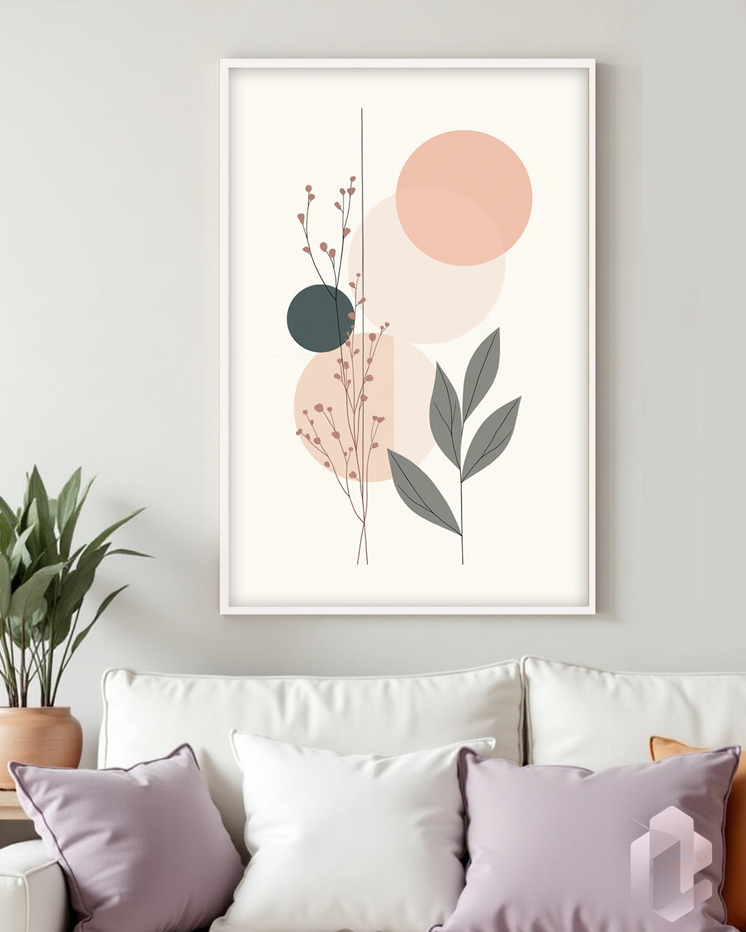 Gerahmtes Poster: Motiv Round Shape Leafs 2 Mockup Couch