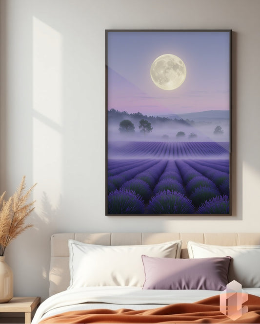 Gerahmtes Poster: Motiv Lila Blütental im Schlafzimmer