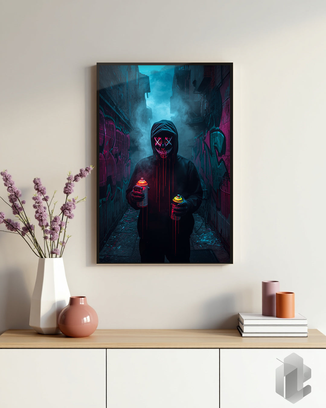 Gerahmtes Poster: Masked Graffiti Artist Neon auf Kommode
