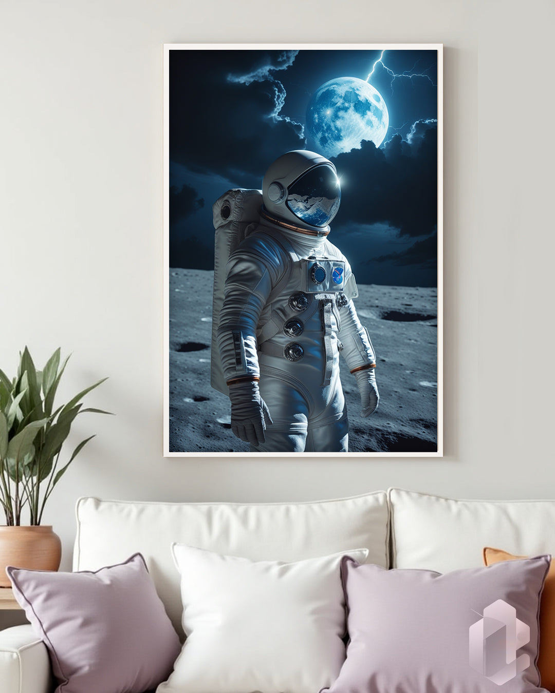Gerahmtes Poster: Motiv Moon Astronaut Mockup Couch