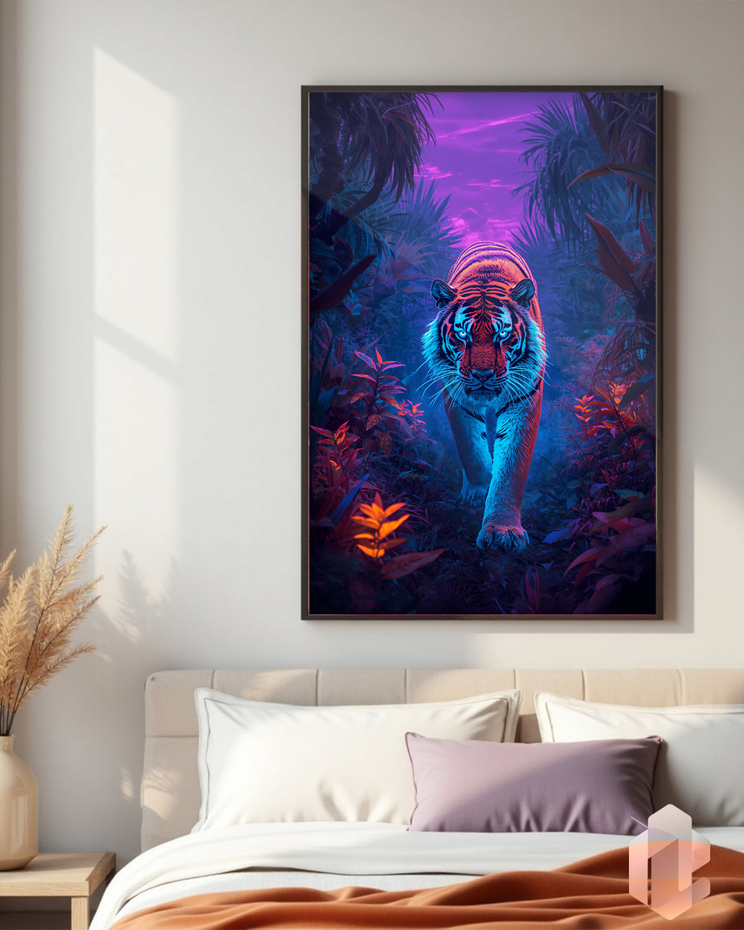 Gerahmtes Poster: Neon Tiger im Schlafzimmer
