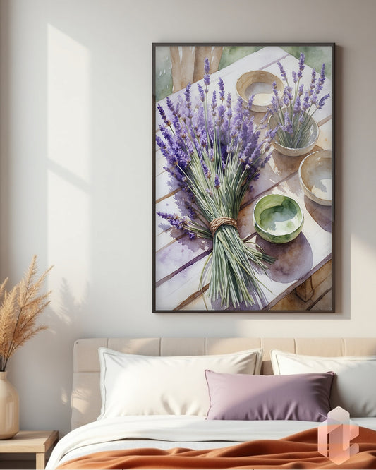 Gerahmtes Poster: Motiv Purple Table im Schlafzimmer