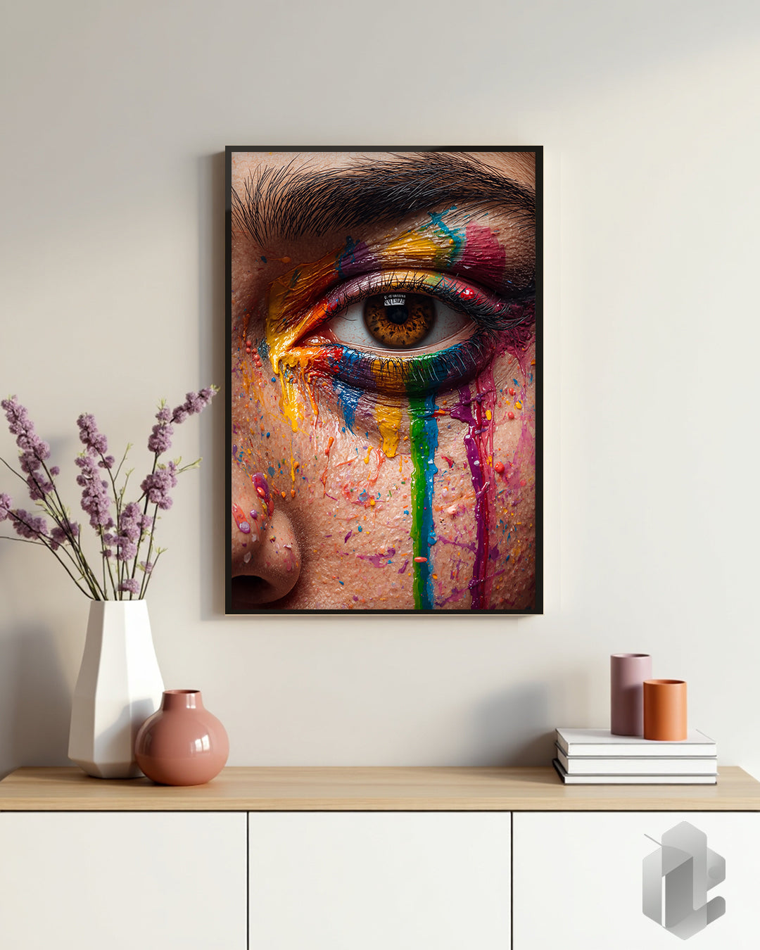 Gerahmtes Poster: Rainbow Eye Art auf Kommode