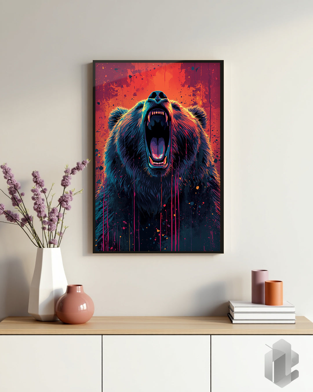 Gerahmtes Poster: Roaring Bear auf Kommode