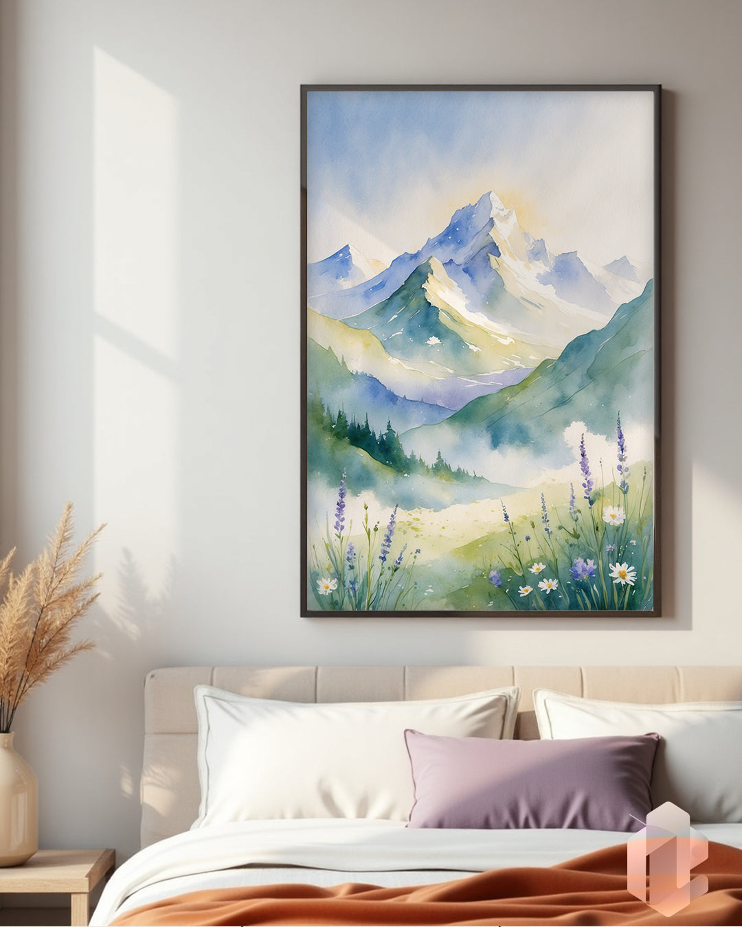 Gerahmtes Poster: Motiv Watercolor Mountains im Schlafzimmer