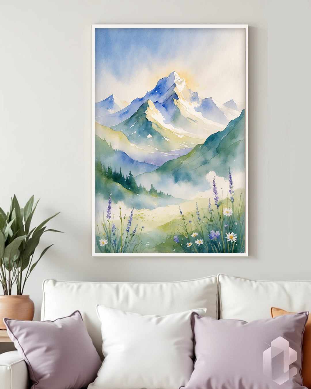 Gerahmtes Poster: Motiv Watercolor Mountains Mockup Couch