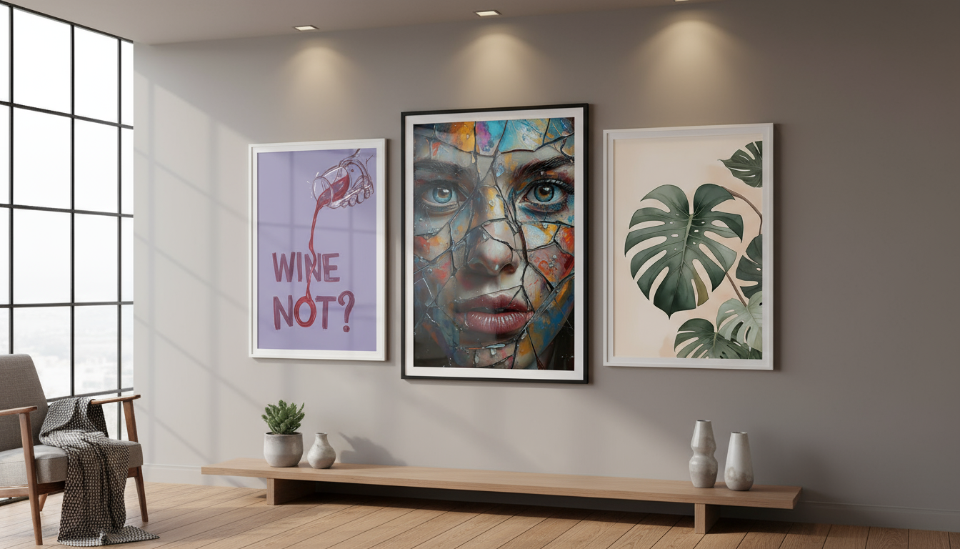 Framed art prints on wall in stylish room – three modern posters in realistic interior scene with warm lighting and angled perspectives