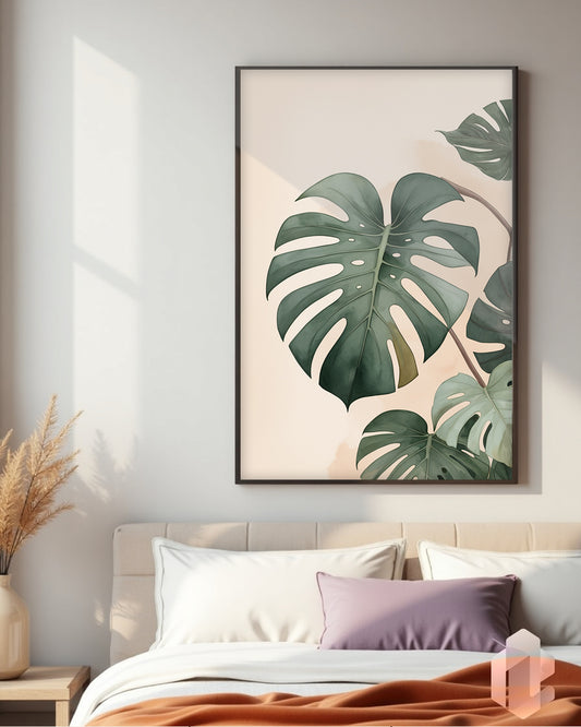 Frisches Monstera Poster für eine moderne Wanddekoration mit tropischen Grüntönen