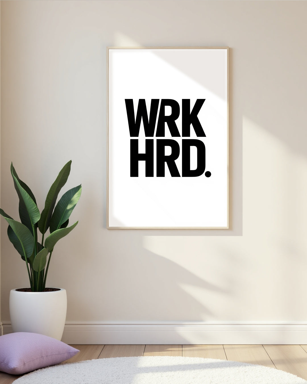 Minimalistisches Wandposter WRK HRD mit starkem Statement – Motivation, Fokus und Produktivität für Unternehmer, Studenten und Selbstständige