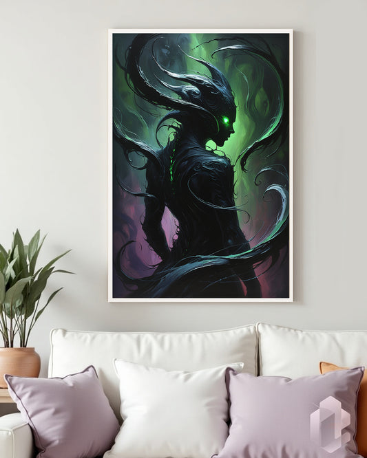 Dunkle Kunst mit mystischer Entität: Poster in lila und grün für geheimnisvolle Räume