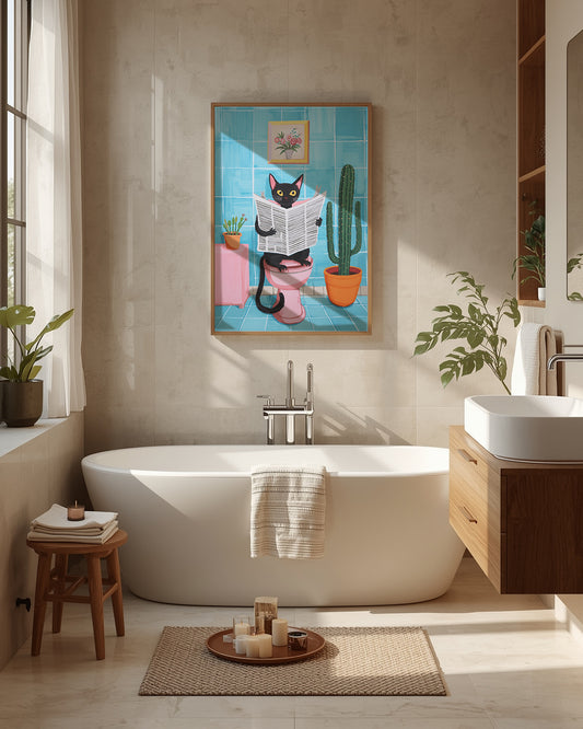 Humorvolles Badezimmer Poster Katze auf Toilette mit Zeitung 50x70