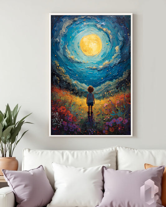 antasieanregendes Poster „Gazing Child“ mit einem nachdenklichen Kind, das Kreativität weckt