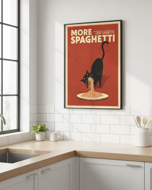Lustiges Küchenposter Katze – Spruchposter More Spaghetti Less Upsetti 50x70 cm