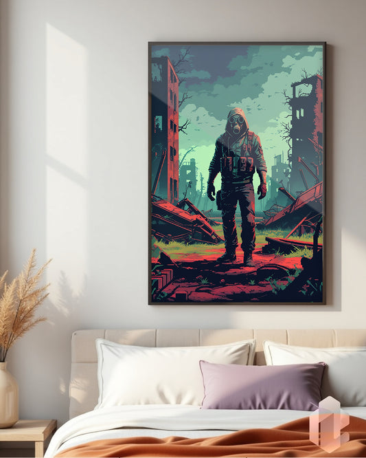 „8bit Apocalypse“ Poster: Retro-inspirierte Pixelart-Kunst für ein dystopisches, futuristisches Raumdesign