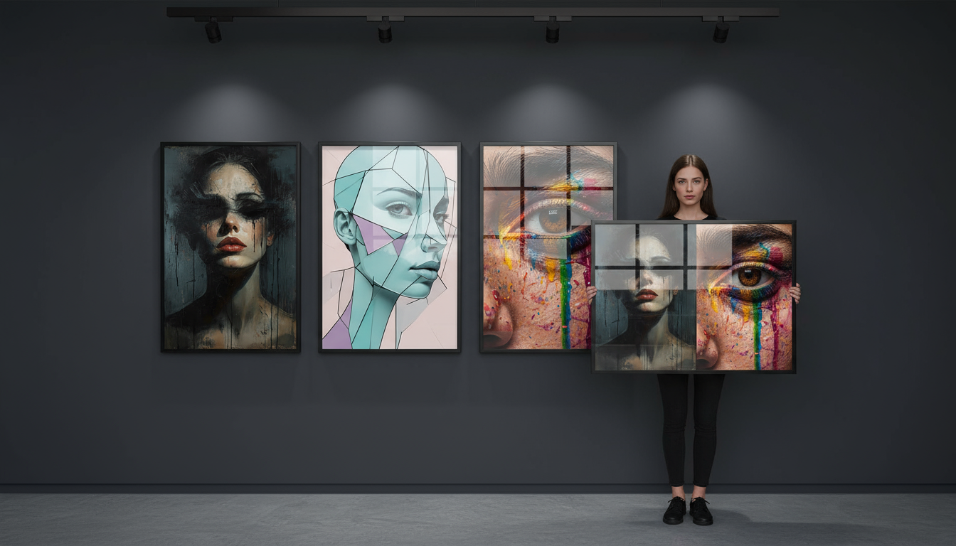 Three premium gallery prints printed behind glass mounted on a dark wall with realistic light reflections and soft gallery spotlights creating a modern and elegant atmosphere