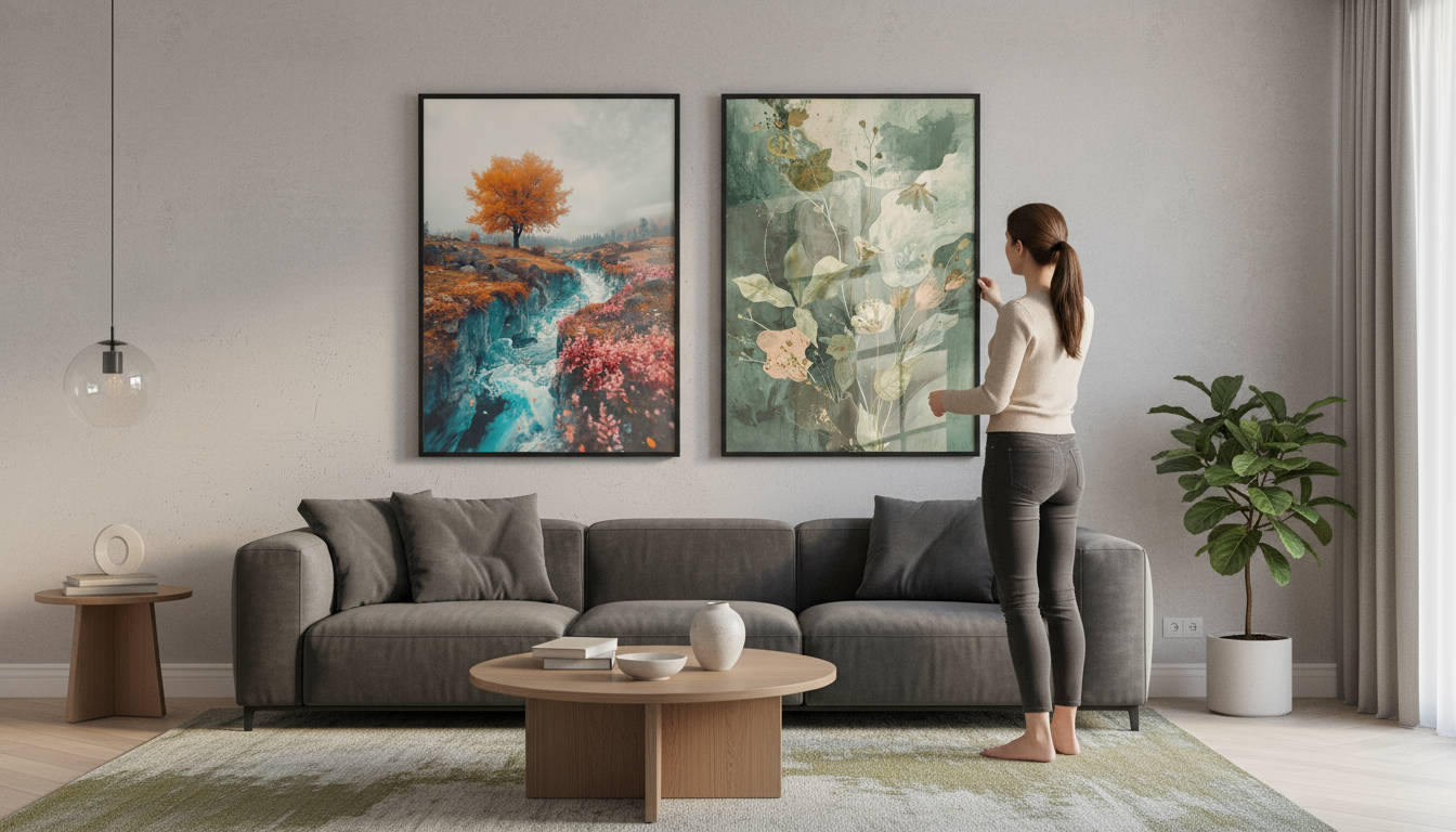 Woman seen from behind hanging two gallery prints side by side on a wall in a modern living room with warm ambient lighting and minimalist decor