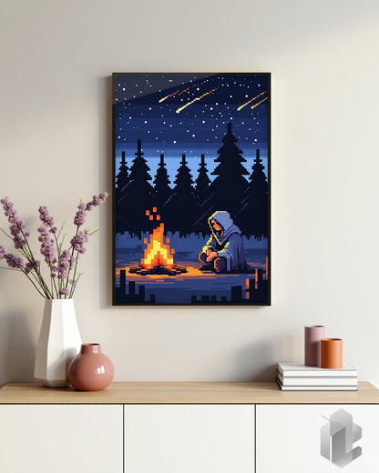 „8bit RPG“ Poster: Pixelart im RPG-Stil mit Charakter am Lagerfeuer und Bäumen im Hintergrund für Gamer