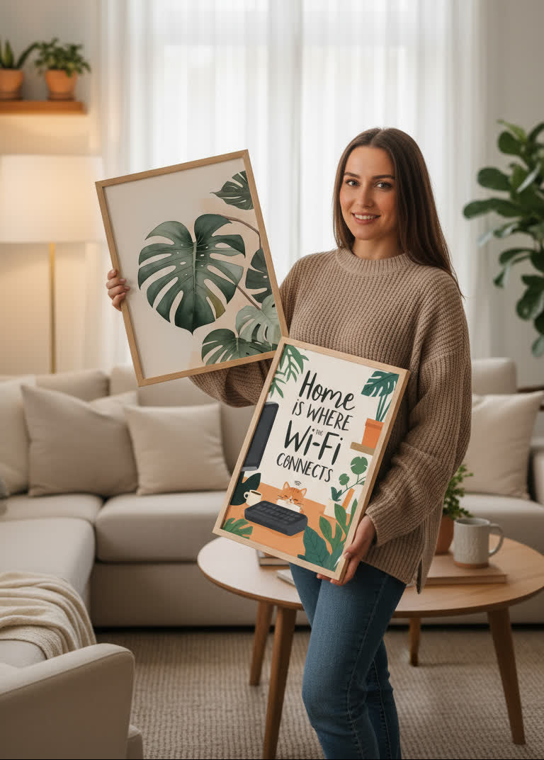 Frau im Wohnzimmer hält zwei gerahmte Poster in 30x40 mit einer Monstera Pflanze und ein Spruchposter Wi-Fi.