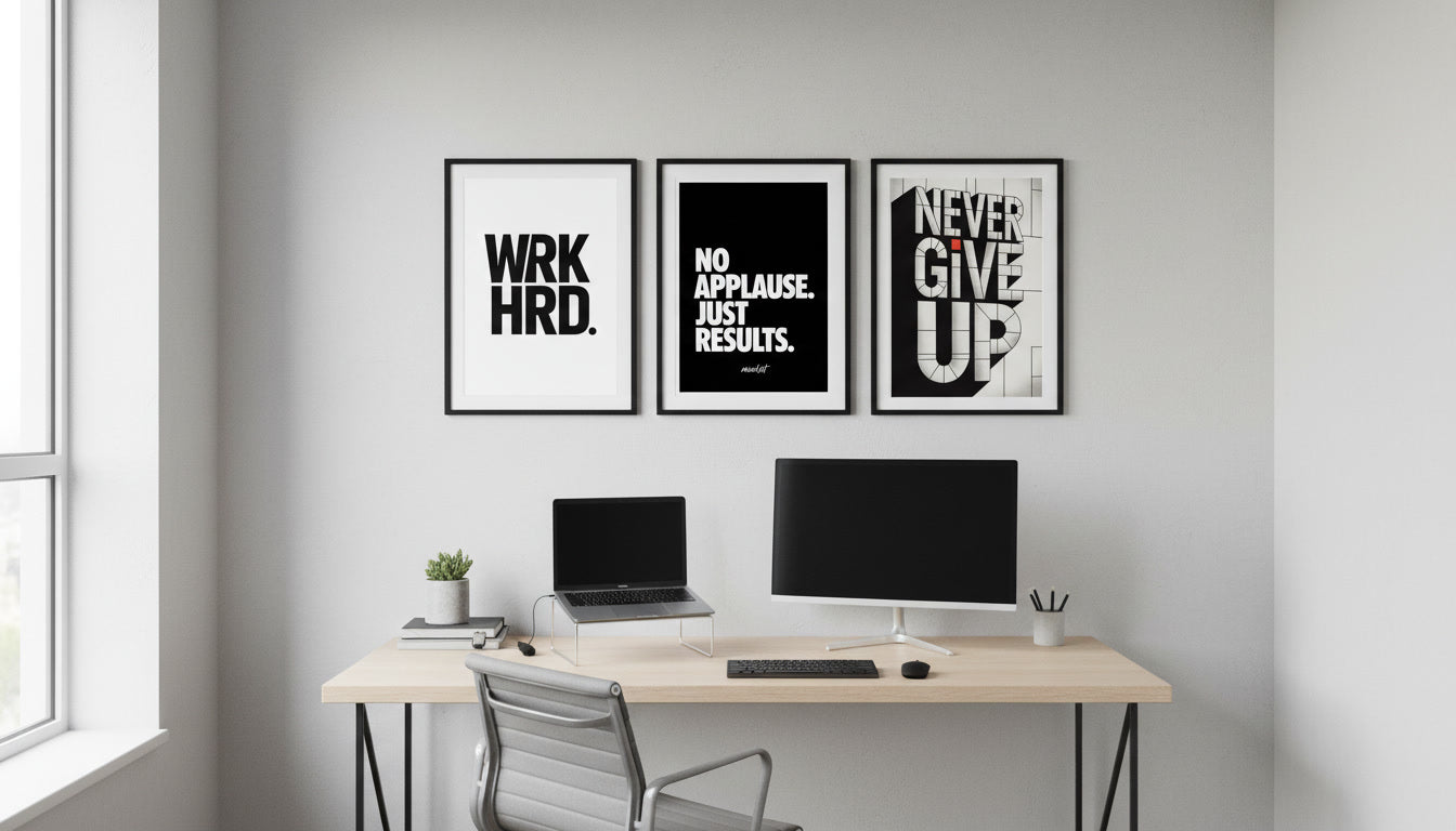 motivierende Wandbilder in kleinem Homeoffice als Poster set