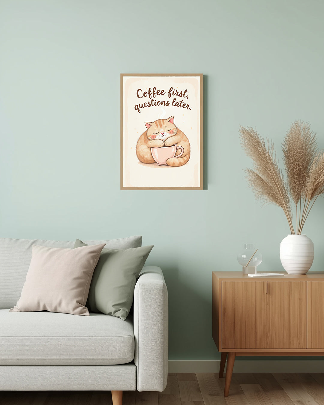 Spruchposter „Cat & Coffee First“ – witzige Wanddekoration für Katzen- und Kaffeeliebhaber im Wohnzimmer oder Büro 30x40.