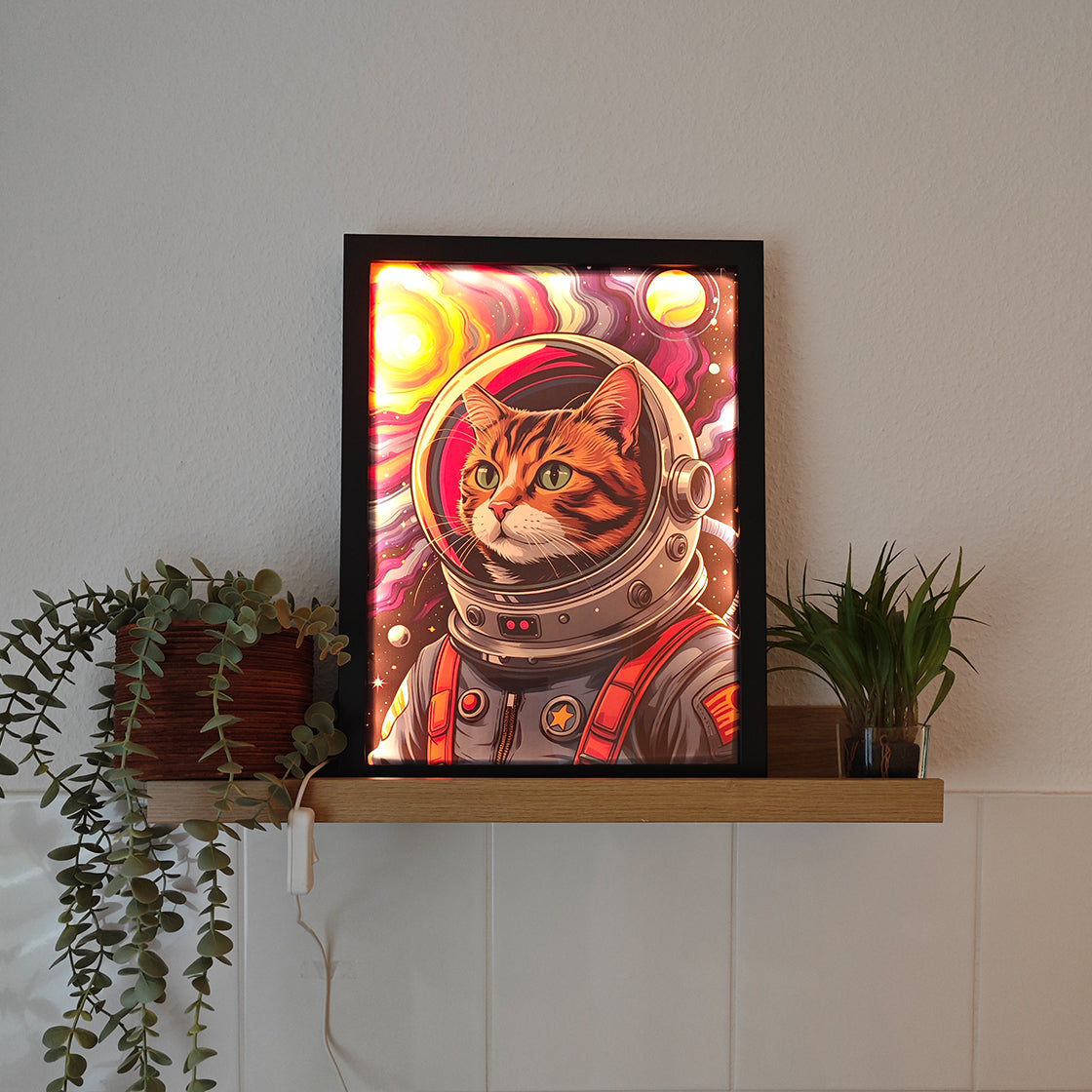 LED-Leuchtbild, Kunst, Bild im Rahmen, Katze, Dekoration