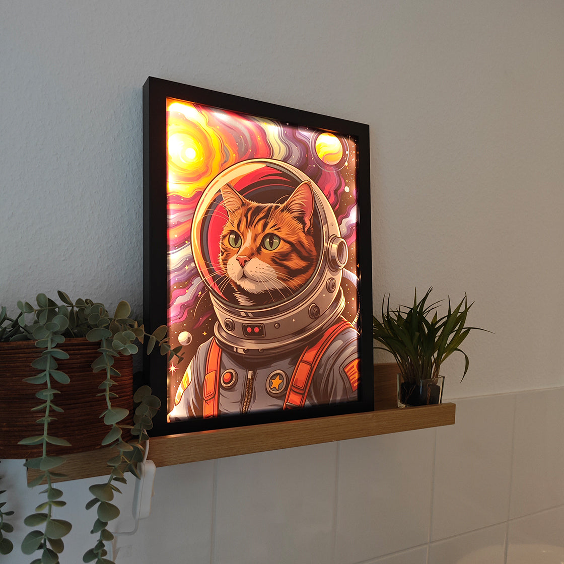LED-Leuchtbild, Kunst, Bild im Rahmen, Katze, Dekoration